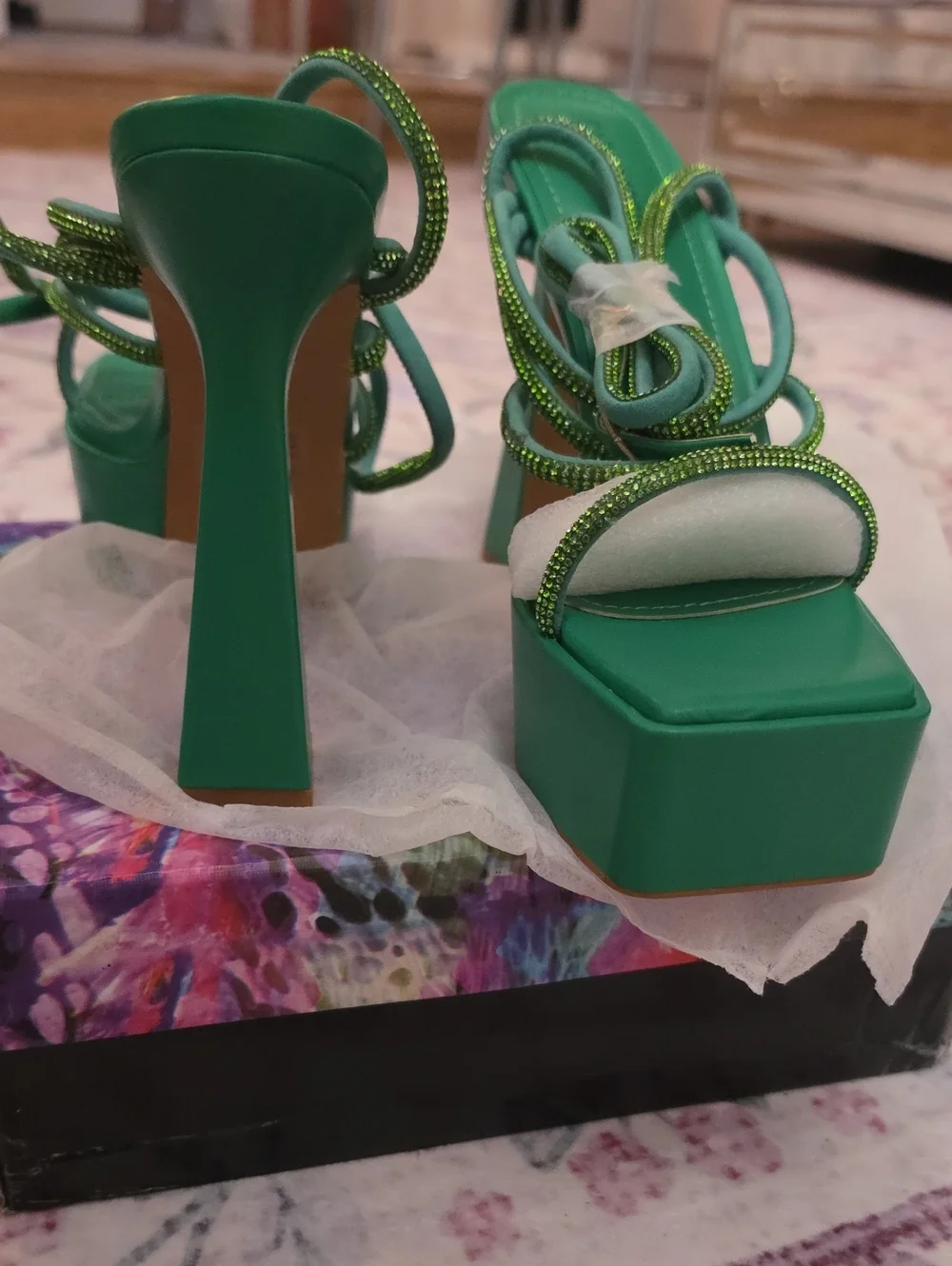 Green Rhinestone Strappy Platform Heels